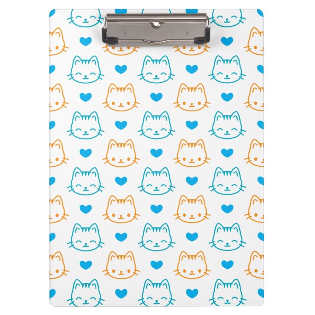 Pranchetas Padrão de Rostos de Gato Kawaii Turquesa e Laranja (Frente)