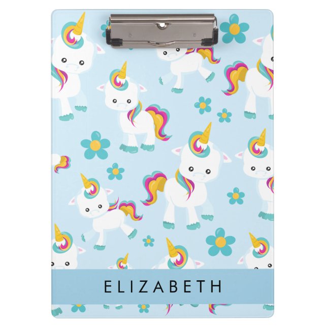 Pranchetas Padrão De Unicórnios, Unicórnios Bonitos, Seu Nome (Frente)