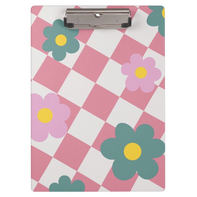 Pranchetas Padrão Floral Xadrez Rosa – Flor Fofa Retrô  (Frente)