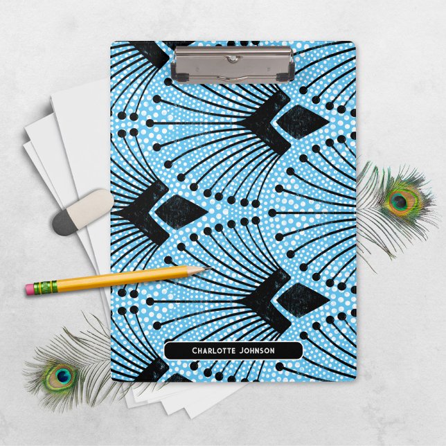 Pranchetas Padrão Pavão Branco Azul Deco Arte Clássico (Classic Art Deco Blue Black White Peacock Pattern Clipboard ©Susanne Sachers - Sunny Mind 🌞)
