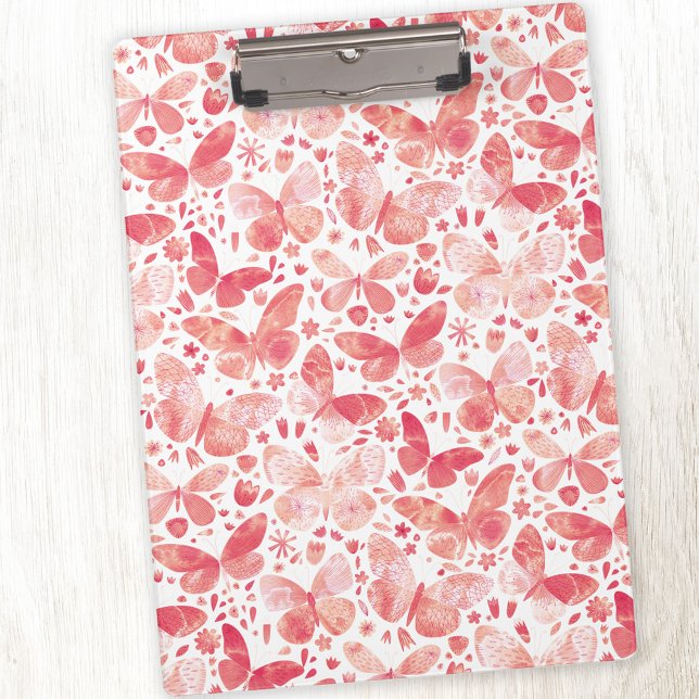 Pranchetas Padrão Rosa da Borboleta das Aquarelas (Coral peach blush pink watercolor butterfly pattern clipboard)