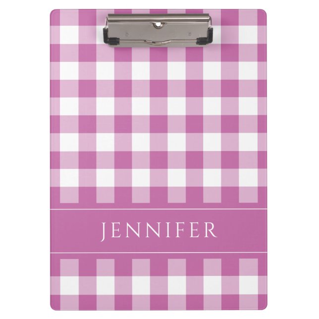 Pranchetas Padrão Xadrez Gingham Rosa e Branco Nome Impresso (Frente)