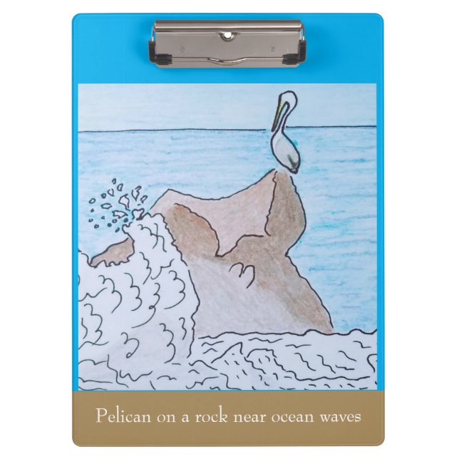 Pranchetas Pelicano em uma rocha perto das ondas do oceano (Frente)