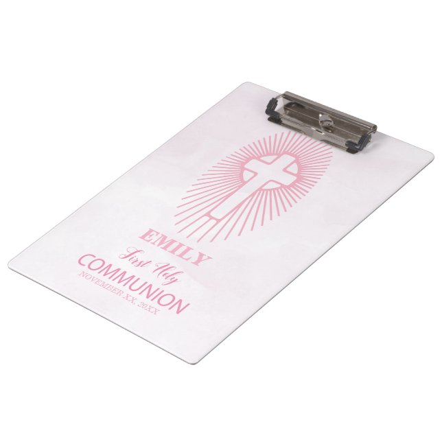 Pranchetas Personalize, Cruz da Primeira Comunhão Rosa Hóstia (Inclinado)