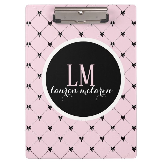 Pranchetas Pink & Black Bow Monogram Notebook (Frente)