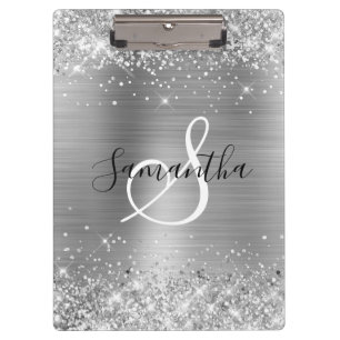 Pranchetas Prateado Brilhante com Folha Elegante Monogramada