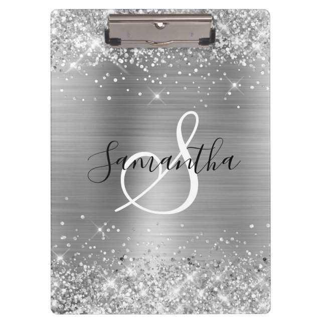 Pranchetas Prateado Brilhante com Folha Elegante Monogramada (Frente)