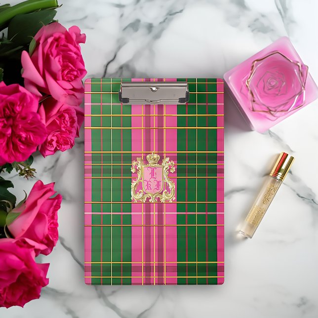 Pranchetas Pré-disquete, cor-de-rosa e Xadrez verde, monogram (Stylish Pink and Green Monogrammed Crest Clip Board)