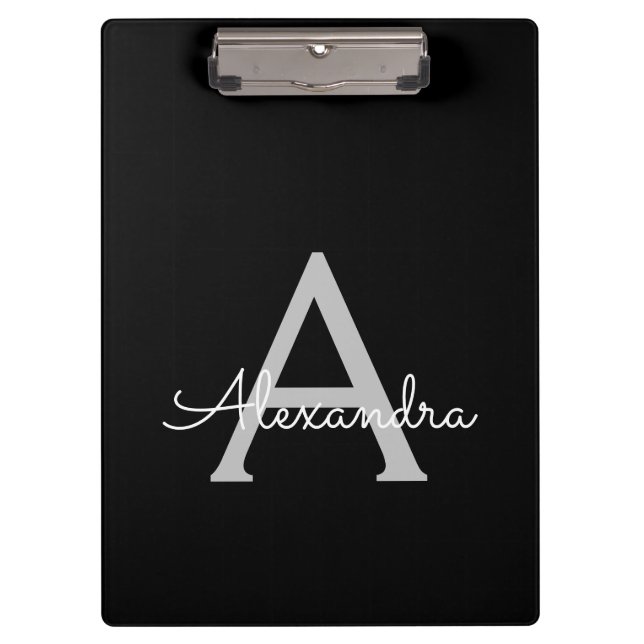 Pranchetas Preto Prata Moderno Nome Monograma Feminino Script (Frente)