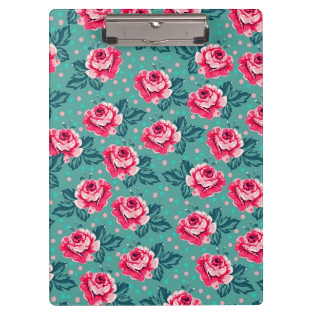 Pranchetas Pretty Pink Roses and Polka Dot Pattern on Teal (Frente)
