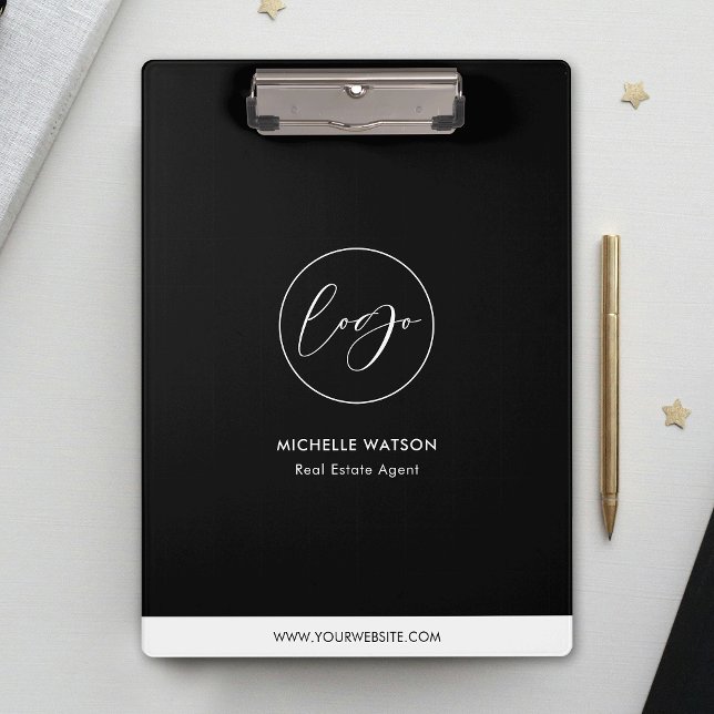 Pranchetas Promocional preto e branco mínimo para logotipos e (Business logo corporate black clipboard with your contact details on the back)