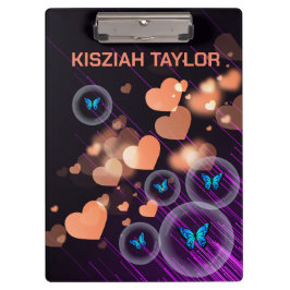 Pranchetas Purple Neon Butterfly Girls Heart Cute Name