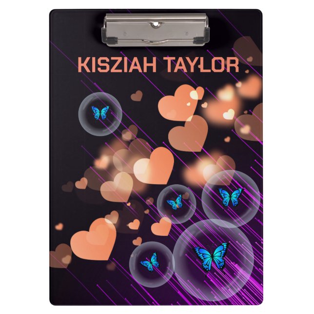 Pranchetas Purple Neon Butterfly Girls Heart Cute Name (Frente)
