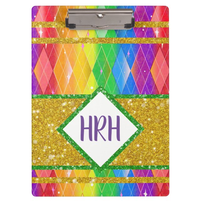 Pranchetas Rainbow Glitter Monograma Pride Argyle Diamond (Frente)