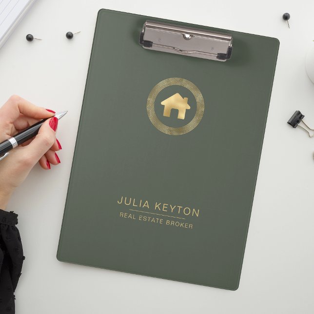 Pranchetas Real Estate House Logo Greek Key Sage Green Gold  (Criador carregado)