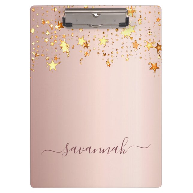 Pranchetas Rosa dourado, estrelas cor-de-rosa, script glamoro (Frente)
