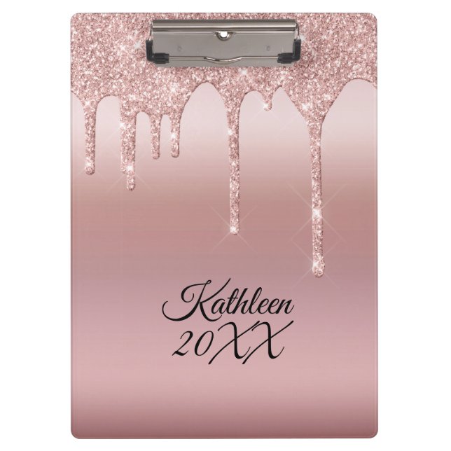 Pranchetas Rosa Glitter Pingando Dourado Personalizado (Frente)
