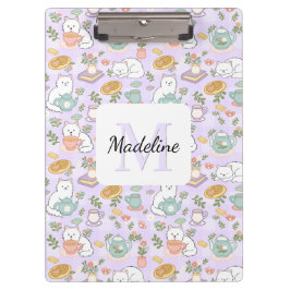 Pranchetas Tea & Bookish Cats Personalized Monogram Clipboard