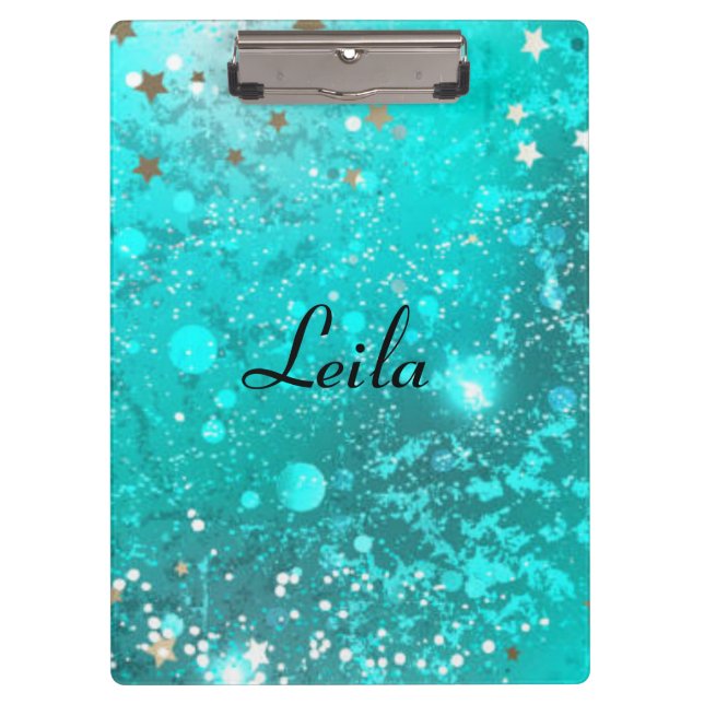 Pranchetas Teal Blue Sparkly Glitter Name Aqua (Frente)