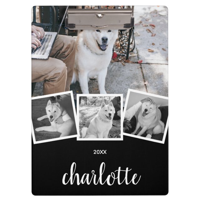 Pranchetas Trendy 4 Photo Collage Script Name White Black (Frente)