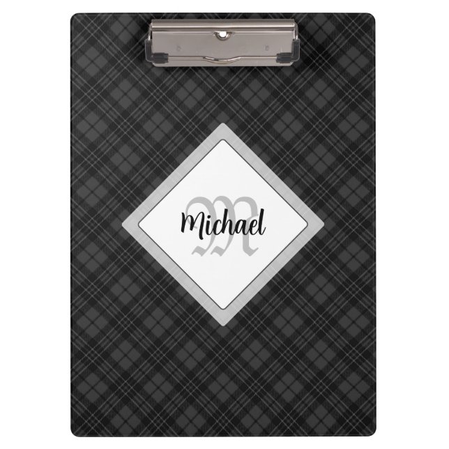 Pranchetas Trendy Black White Tartan Personalize Monograma (Frente)
