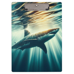 Pranchetas Tubarão no mar azul profundo e luz solar