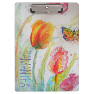 Pranchetas Tulipas Rosa Tulipas Floral Watercolor Mulher Nome