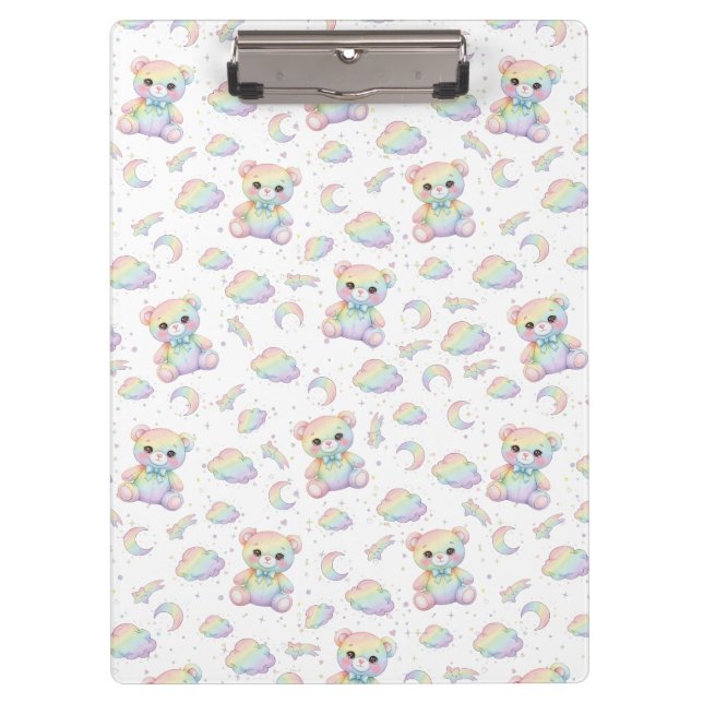 Pranchetas Urso Arco-Íris Fofo e Padrão de Nuvens Pastel (Frente)