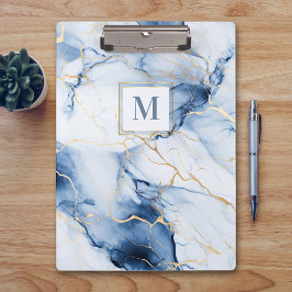 Pranchetas White Blue Gold Marble Monogram Initial Clipboard