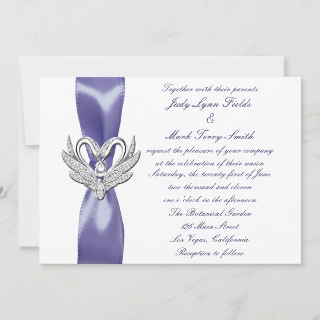 Prata Azul Roxo Swans Convite para Casamento (Frente)