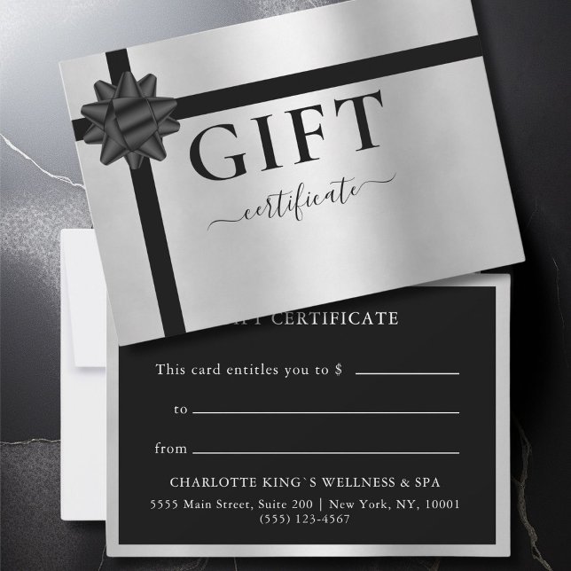 PRATA DE CERTIFICADO DE OFERTA DE NEGÓCIOS | Moder (BUSINESS GIFT CERTIFICATE | modern, minimal, ribbon. Black & Silver.)