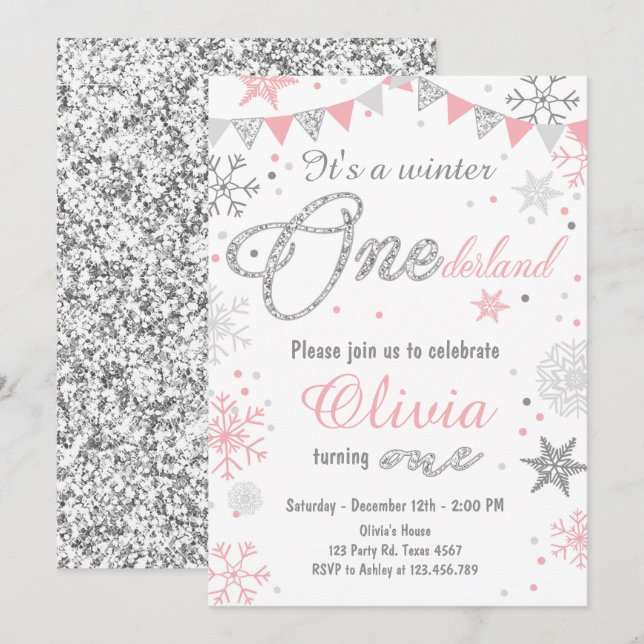 Prata do rosa do convite do aniversário de (Frente/Verso)