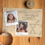 Prata, Dourada Bat Mitzvah Convite<br><div class="desc">Bat Mitzvah, no estilo do livro de texto, é chamado de pewter e trabalho de arte de relva. Fotos quadradas bonitas com estrela de David trabalho de arte na textura faux suede é um belo visual da sua comemoração de aniversário. As legendas escritas em fotos podem ser mudadas para qualquer...</div>