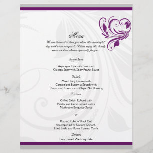 Prata e menu floral roxo do casamento do coração