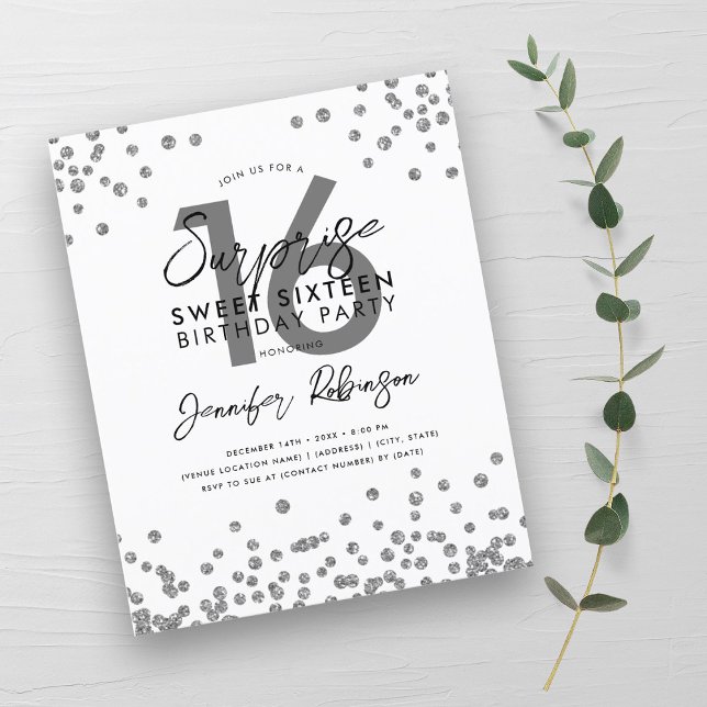 Prata Elegante de Orçamento Confetti Sweet 16 Conv (Budget Elegant Silver Confetti Sweet 16 Invite)