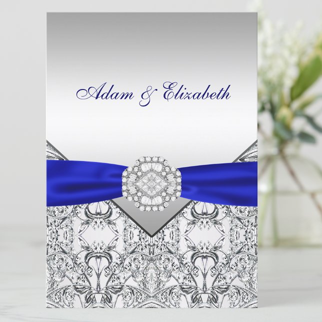Prata Elegante e Convites de Casamento Azul Real (Beautiful royal blue and silver invitation. Simply add your event details to the front and back.)