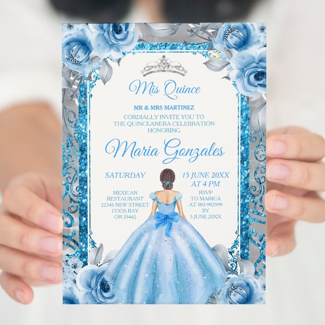 Prata Princesa Rosa Azul Quinceanera Convite (Criador carregado)
