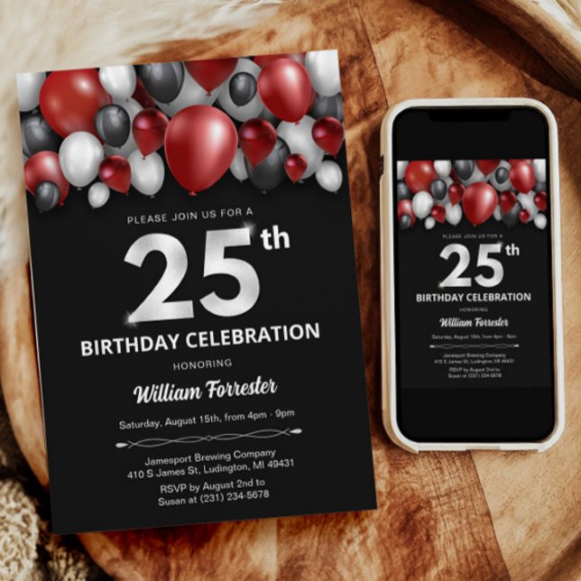 Prata Vermelha Negra e 25 Branco Convite de Aniver (Black Red Silver & White 25th Birthday Invitation)