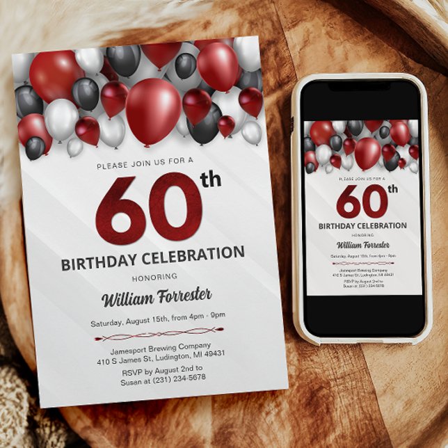 Prata Vermelha Negra e 60º Convite de Aniversário (Black Red Silver & White 60th Birthday Invitation)