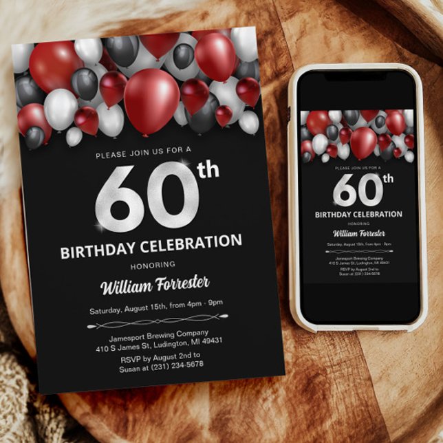 Prata Vermelha Negra e 60º Convite de Aniversário (Black Red Silver & White 60th Birthday Invitation)