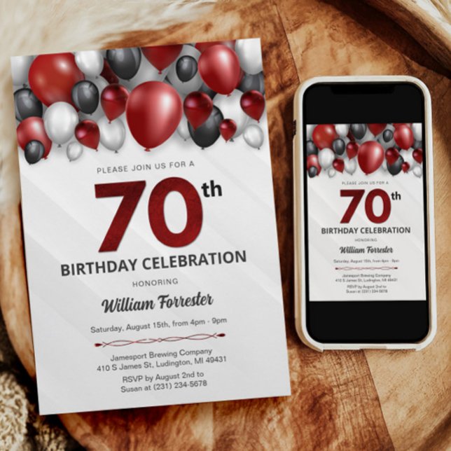 Prata Vermelha Negra e 70 Branco Convite de Aniver (Black Red Silver & White 70th Birthday Invitation)