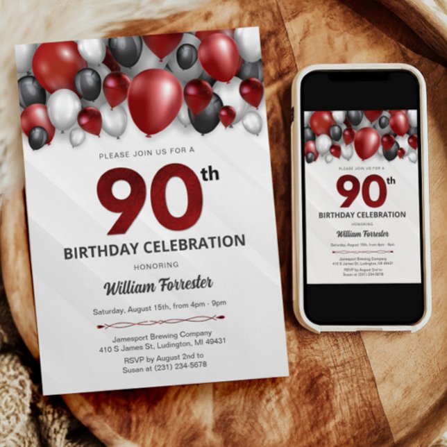 Prata Vermelha Negra e 90 Branco Convite de Aniver (Black Red Silver & White 90th Birthday Invitation)