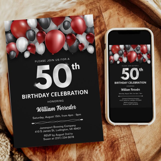 Prata Vermelha Negra e Convite para 50º Aniversári (Black Red Silver & White 50th Birthday Invitation)