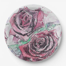 Prato de festa de papel com padrão de flor de rosa