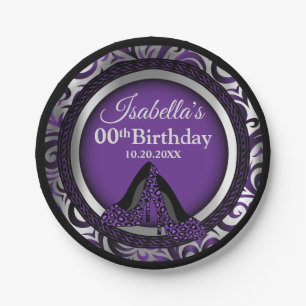 Prato De Papel 00th Saltos altos roxos do leopardo do aniversári