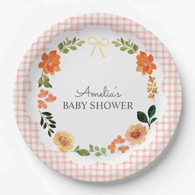 Prato De Papel 011 Terracotta Floral Gingham Baby Shower (Frente)