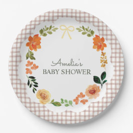 Prato De Papel 013 Chocolate Brown Floral Gingham Baby Shower