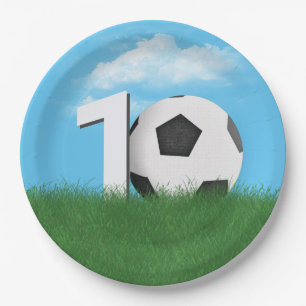 Prato De Papel 10º Aniversário da Bola de Futebol na Grama Verde