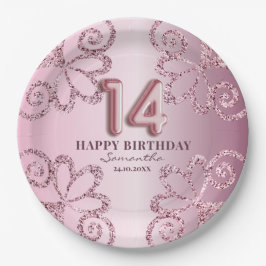 Prato De Papel 14 Birthday Pink Princess Glitter Balloon Script