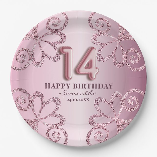 Prato De Papel 14 Birthday Pink Princess Glitter Balloon Script (Frente)